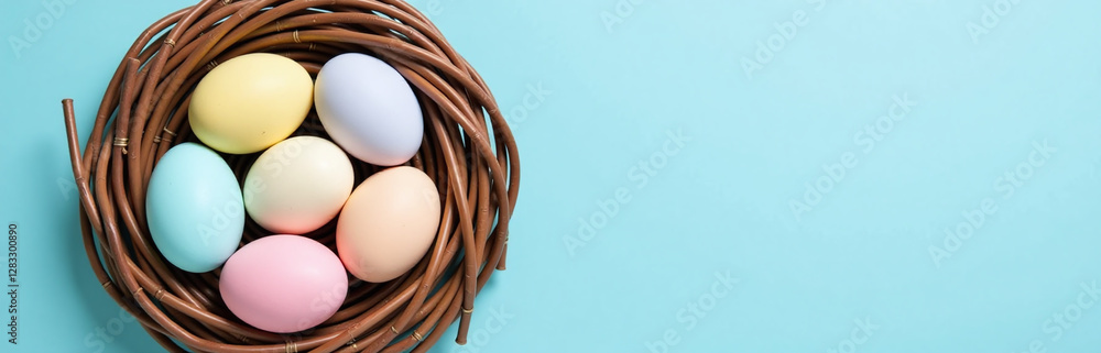 Poster pastel easter eggs are arranged on a wicker wreath against a light blue background in a creative spr