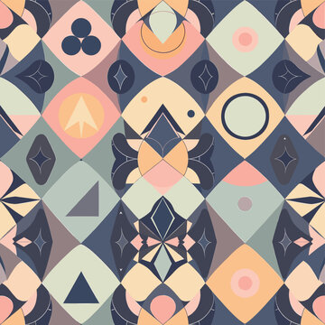 a grid of various geometric shapes, including triangles, circles, and diamonds, arranged in a repeating diamond-like pattern.