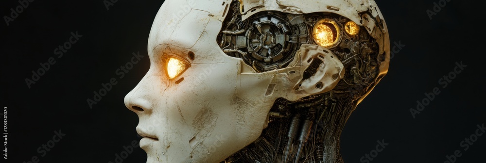 Aufkleber Side profile of a futuristic human head revealing mechanical structures and glowing robotic eye with cybernetic implants. Generative AI