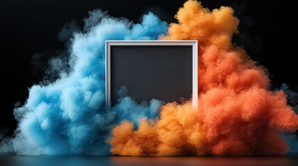 dynamic abstract art piece featuring empty floating frame surrounded by vibrant blue and orange smoke clouds, creating striking contrast