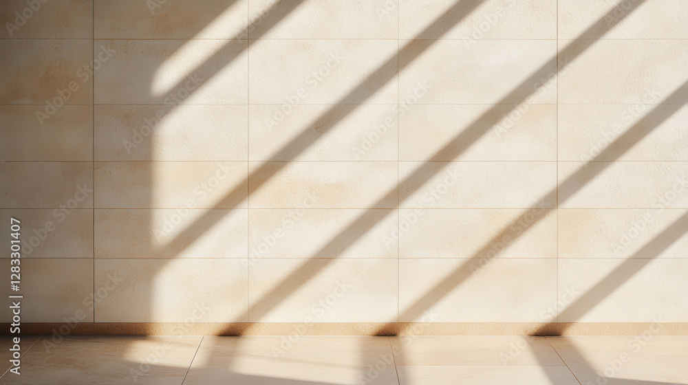 Poster Sunlight streams through elegant modern architectural space, casting shadows on tiled wall. warm tones and geometric patterns create serene atmosphere