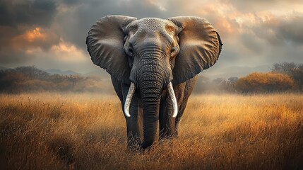 Fototapeta premium Majestic Elephant Standing in Golden Sunset Savannah Grassland, full body, frontal face with large ears and long tusks contrasting against the lush greenery. Copy space, commercial use
