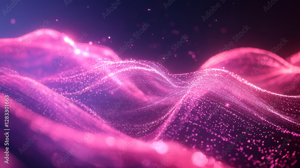 Poster pink neon wave line with light glow effect on dark background. abstract vector bg with curve magic e