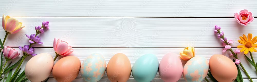 Poster natural dyed colorful eggs and spring flowers create a beautiful, rustic scene against a white woode