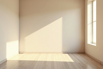 Fototapeta premium Sunlight Illuminates an Empty Room with Light Beige Walls and a Light Wood Floor, Ready for Design and Furnishing