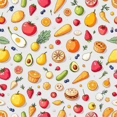 a variety of colorful fruits and vegetables, including apples, oranges, bananas, strawberries, pears, carrots, and more, arranged in a visually appealing and repetitive manner.