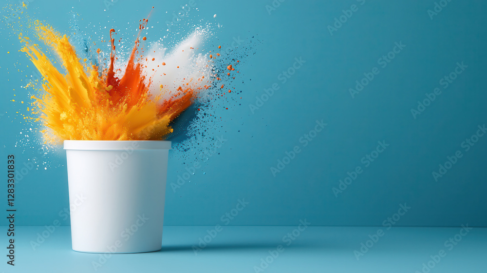 Poster vibrant explosion of colorful powder bursts from white container against blue background, creating d