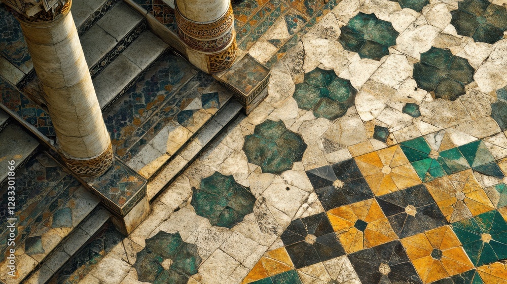 Poster colorful mosaic floor design with geometric patterns and textures