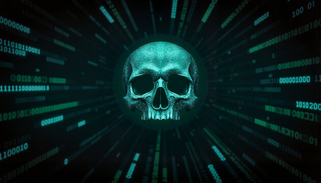 Digital skull symbolizing malware attack in dark tech environment, cybersecurity
