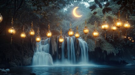 Fototapeta premium Ramadan lanterns suspended over a flowing waterfall in a serene forest