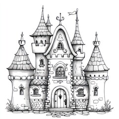 Obraz premium Fairytale castle illustration, monochrome sketch.