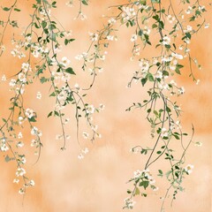 White Flowers on Peach Background: Delicate white flowers cascade down verdant vines against a soft peach background, creating a serene and elegant floral arrangement.