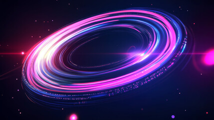 Obraz premium Abstract neon planet ring on black background. Vector realistic illustration of bright glowing light trail, digital tech background, futuristic technology speed effect, energy motion, orbit line