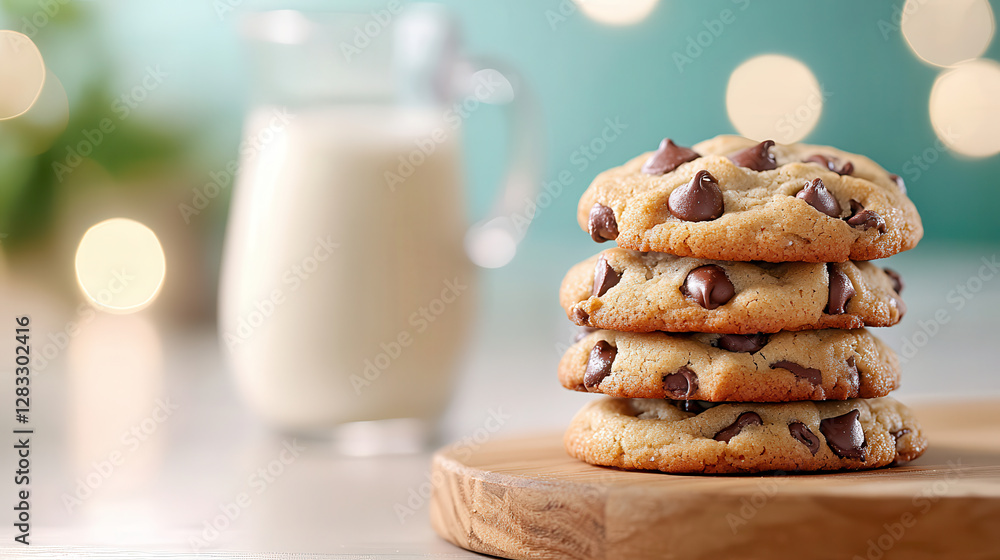 Poster stack of freshly baked chocolate chip cookies sits on wooden board, with blurred background featurin