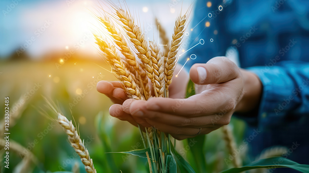 Poster person holds wheat in field, with glowing analytics and futuristic elements symbolizing advanced agr
