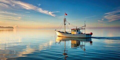 Serene fishing boat on calm ocean waters with sail and flag gently swaying in wind, water reflection, serene ocean