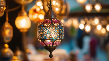 Colorful Traditional Lanterns Illuminating a Festive Evening Market