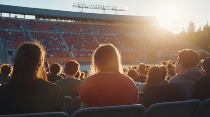 A college stadium hosting an outdoor concert event with students enjoying the music. Featuring vibrant campus culture and community engagement