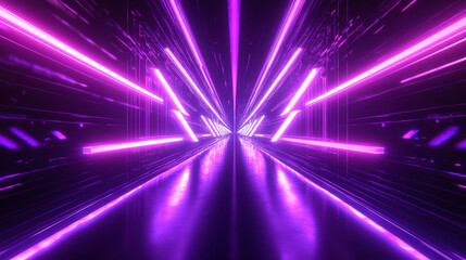 Abstract purple neon light arrow design background. Futuristic banner for modern party with speed laser and led direction graphic. Gamer motion effect bright fluorescent backdrop with violet beam