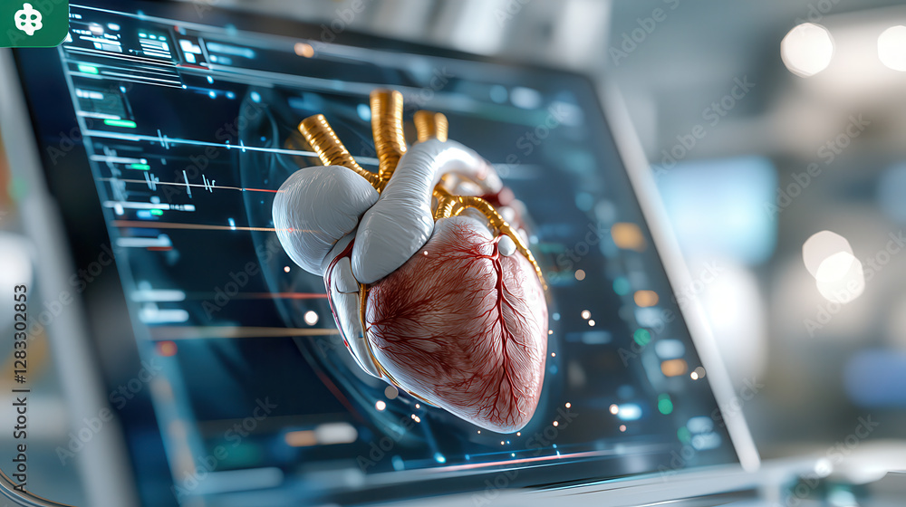 Poster digital display shows detailed 3d model of human heart, highlighting advanced medical imaging techno