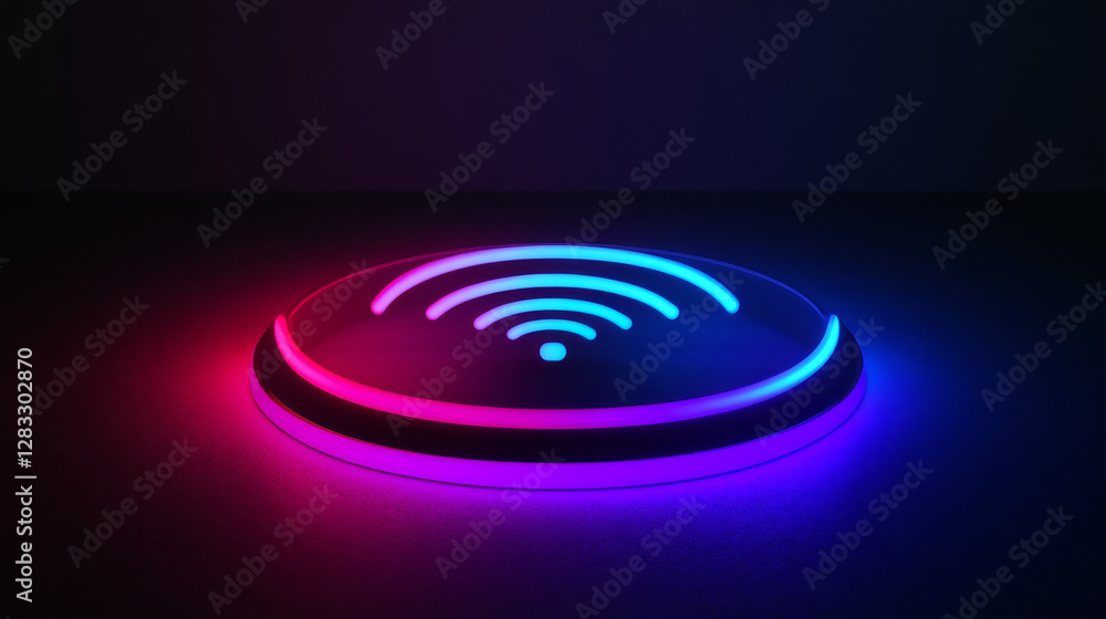 Poster 3d wifi neon light technology wireless signal. abstract wave vector sign in purple, red, blue and gr