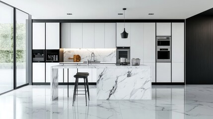 Modern Kitchen Design With Marble Island And Minimalist Style Creating A Luxurious And Bright Cooking Space.
