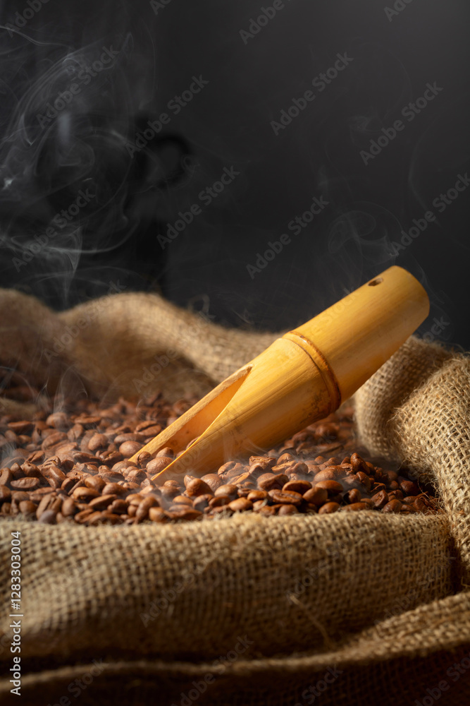 Wall mural Fresh roasted coffee beans in burlap bag.