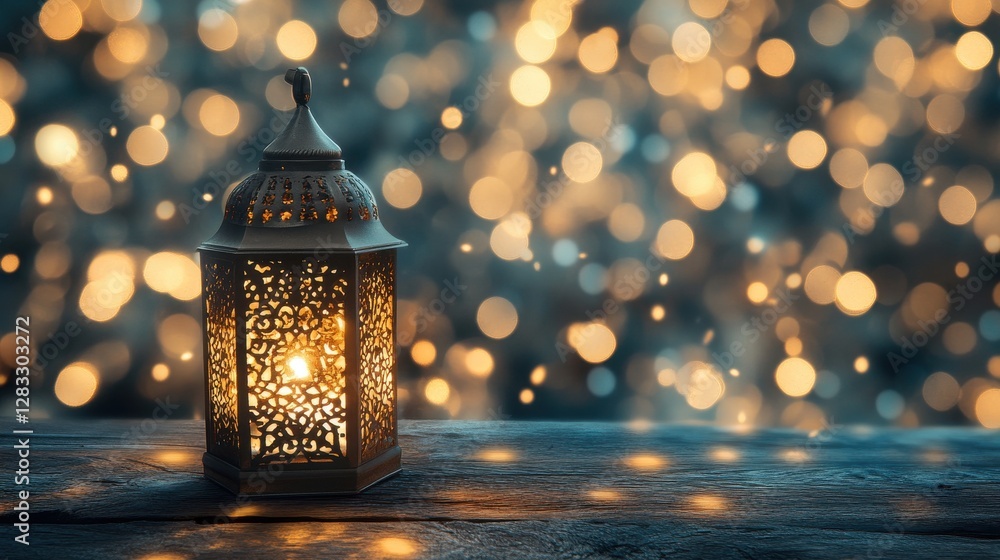 Poster decorative lantern glowing with warm light in soft bokeh background