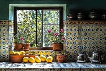 Sunny kitchen scene with lemons, potted flowers, and colorful tiles by rustic window