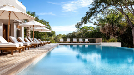 Fototapeta premium serene poolside view featuring beach chairs and umbrellas under clear sky
