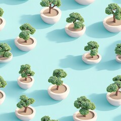 Seamless pattern featuring decorative trees in minimalist pots on a light blue background
