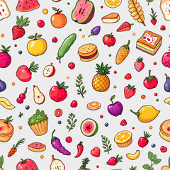 a variety of colorful fruits and vegetables, including apples, oranges, bananas, strawberries, watermelon, pineapple, grapes, and more, arranged in a visually appealing and repetitive manner.