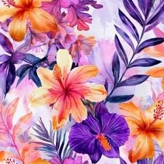 Fototapeta premium Vibrant Hibiscus Floral Pattern: An eye-catching and intricate floral pattern, showcasing a kaleidoscope of colors, featuring hibiscus blooms and lush foliage.