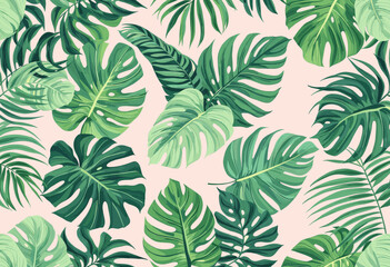 various tropical leaves, predominantly palm leaves, arranged in a repeating design against a light pink background.