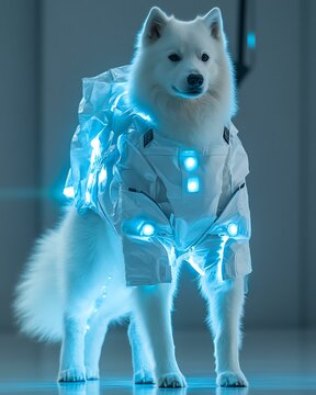the dog high-end sportswear Samoyed dog in futuristic glowing outfit.