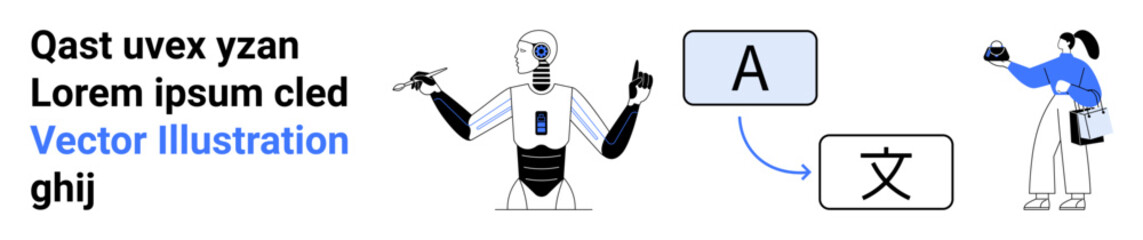 Humanoid robot translating text between languages with human interaction and text bubbles. Ideal for AI, technology, communication, language, education, innovation, future concepts. Perfect for flat