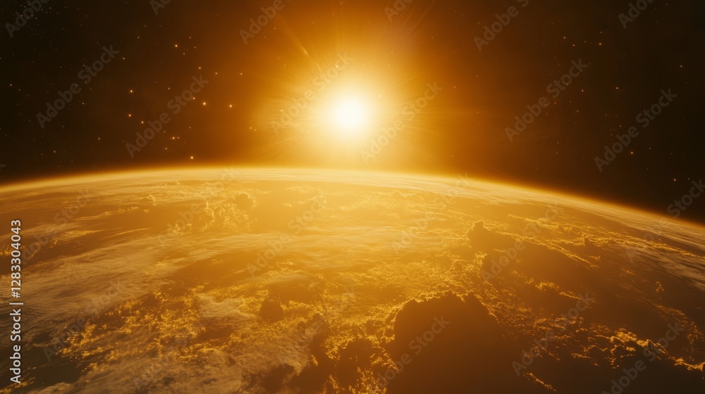 Poster golden planet with sunburst, rising over a cloudscape. abstract view from space.