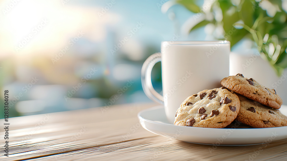 Aufkleber homemade cookies and milk on rustic wooden table create cozy and inviting kitchen setting. sunlight 