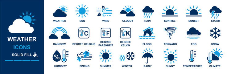 Weather icon set including climate, cloudy, sunny, rainy, tornado, flood, humidity, degree, snow, winter, spring, wind, temperature, windy, thermometer, rainbow, thunderstorm, raindrop etc. 
