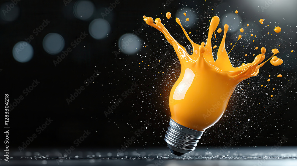 Poster illuminated incandescent bulb with dynamic paint splash creates vibrant and artistic visual effect against dark background. splash adds sense of motion and creativity to scene