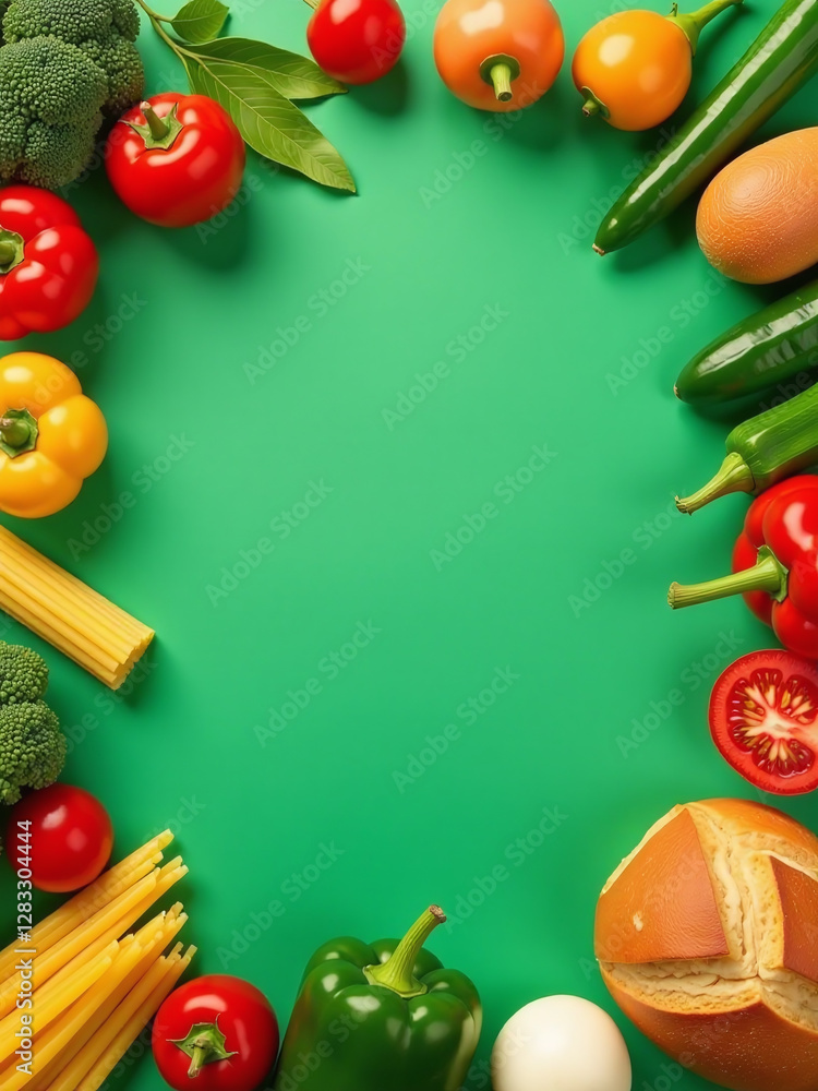 Aufkleber image of green background showcasing various grocery items including pasta, vegetables, and bread wi