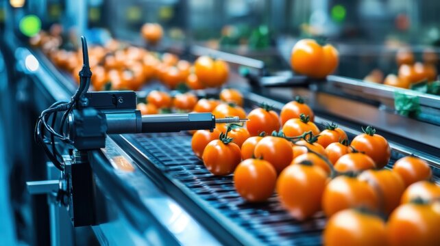 Tomatoes being sorted on a conveyor belt in an agricultural processing facility