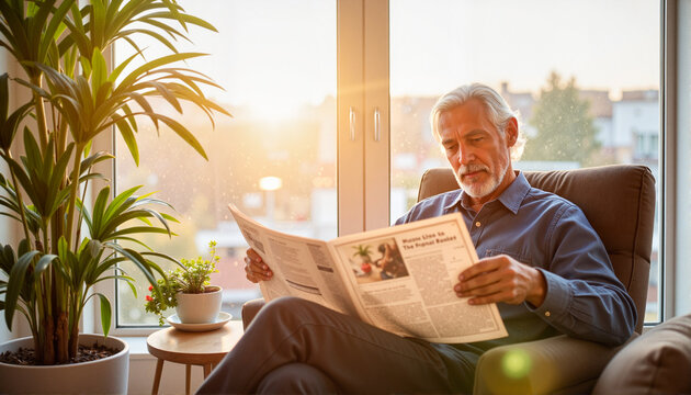 Senior man reading newspaper in cozy living room, morning reflection