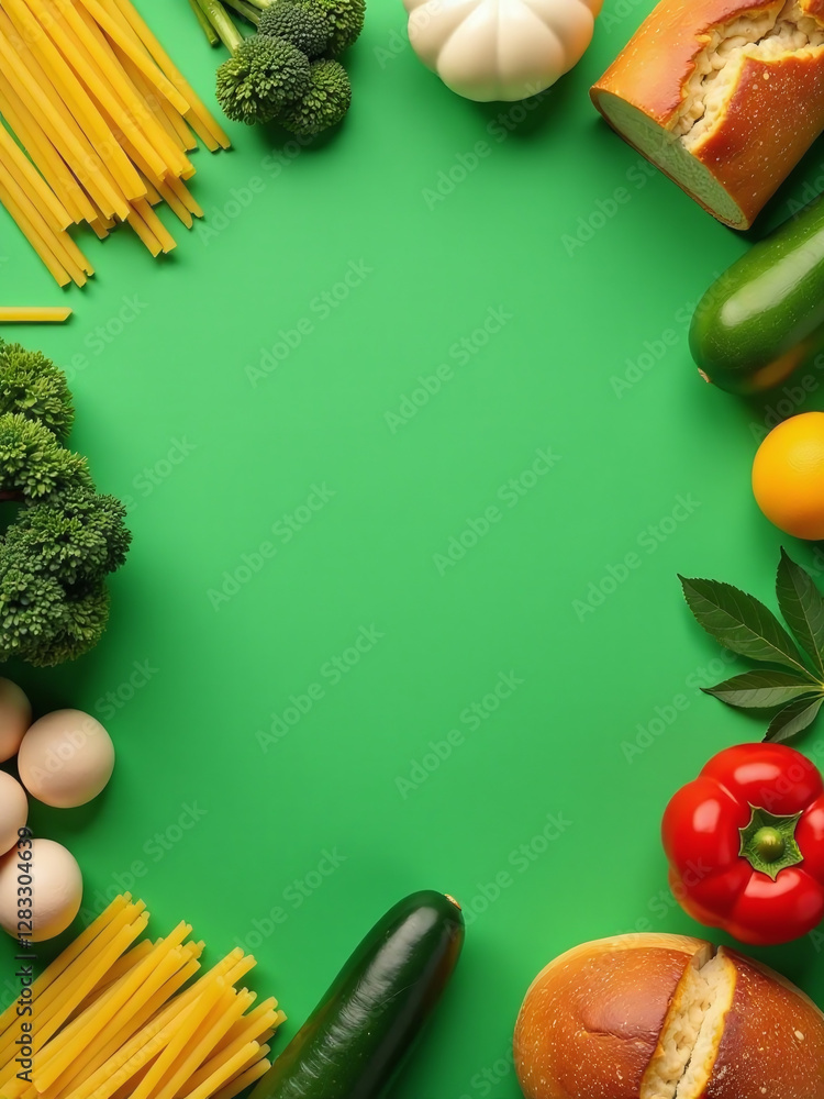 Poster image of green background showcasing various grocery items including pasta, vegetables, and bread wi