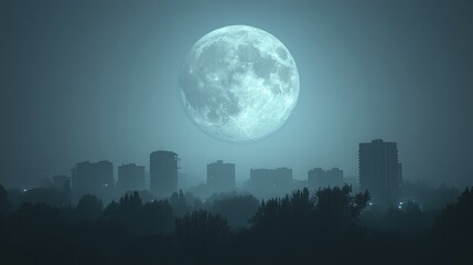 Misty Cityscape Under a Full Moon