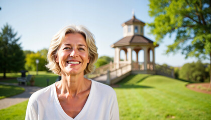 Elderly woman smiling in a quaint park, joyful retirement