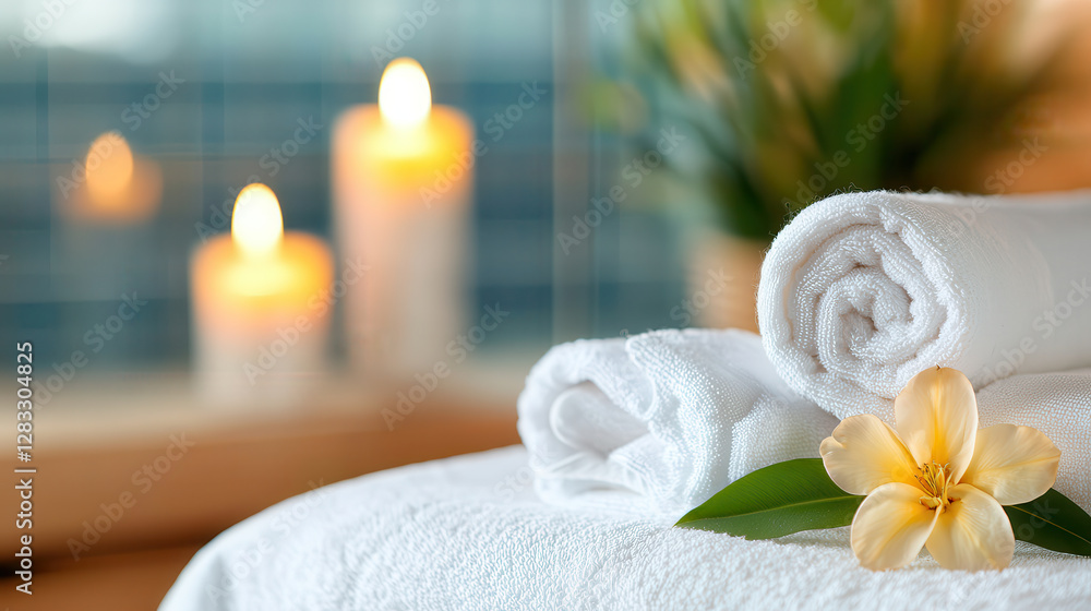 Poster neatly folded towels on massage table with flower and candles create serene spa atmosphere