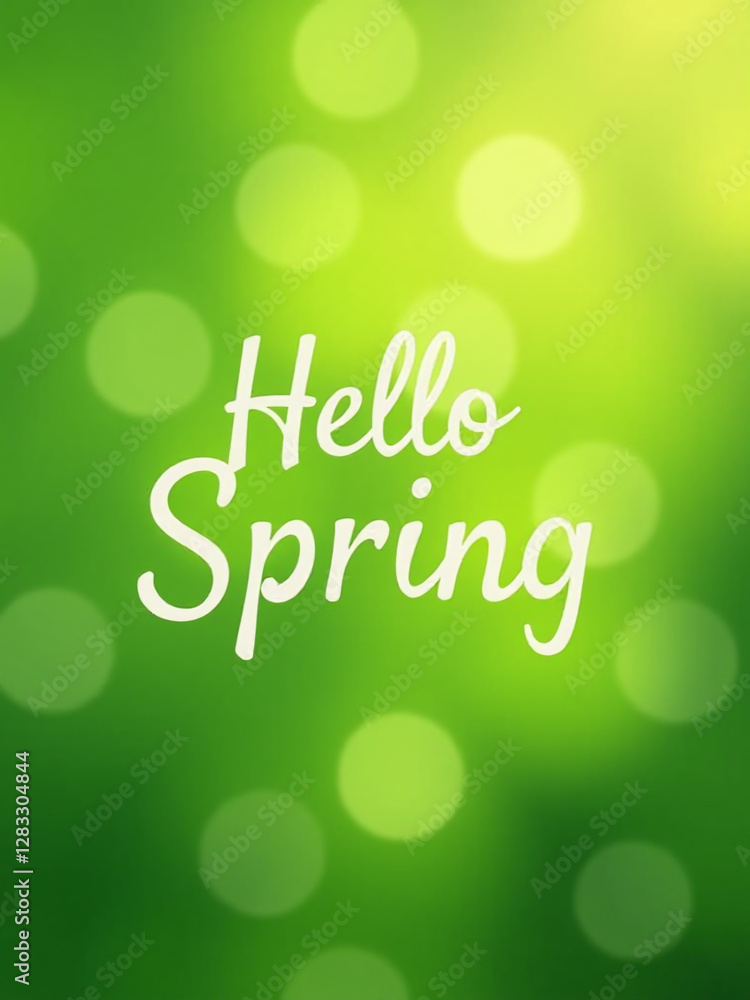 Poster hello spring text on a beautiful abstract green background with bokeh lights, perfect for a lovely g