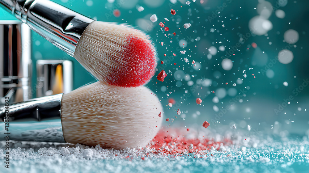 Poster fluffy makeup brushes coated in vibrant red pigment create dynamic explosion against teal background