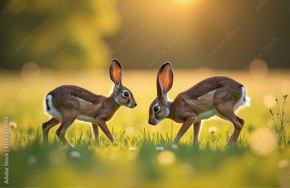 Poster Hares Grazing On A Meadow In Soft Focus With Bokeh Effect Adding Artistic Touch To Serene Landscape Scene. 00002